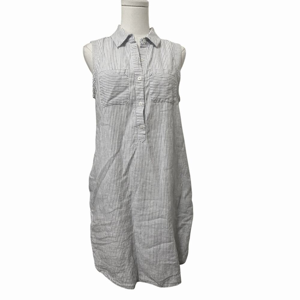 Vineyard Vines Striped Collared White Blue Linen Shirt Dress 6 Pockets Lined